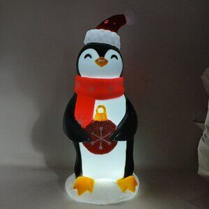 Blow Mold Christmas Penguin 14" Tall Light Up Santa Hat w/Glitter & Ornament #SB